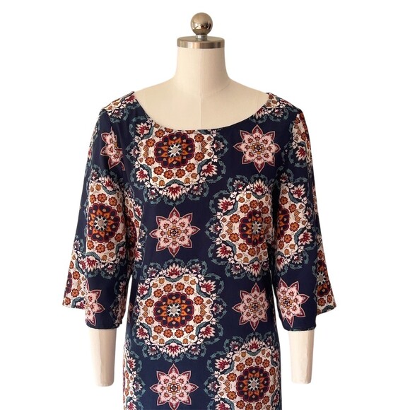 BeBop Dress Womens XL Navy Floral Medallion Shift Knee Length 3/4 Sleeve - Picture 5 of 8